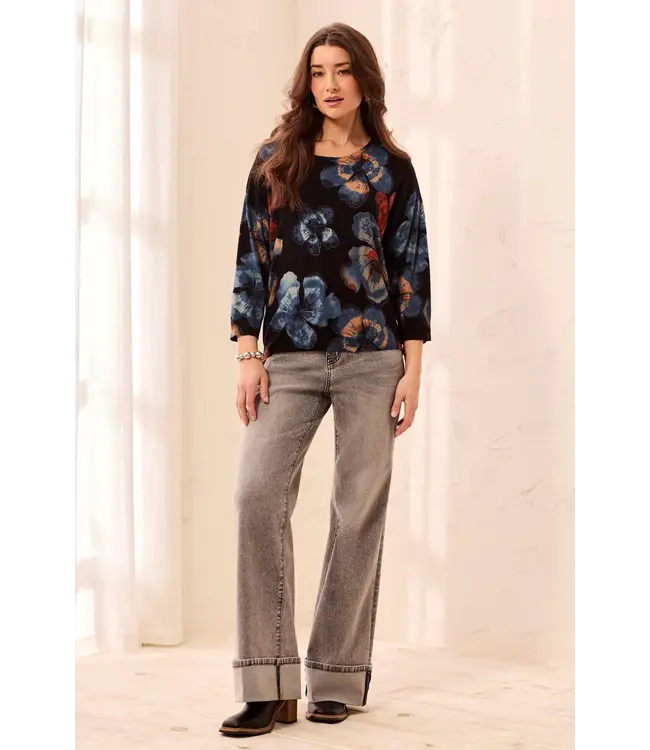 Tribal Soft Yarn Three-Quarter Sleeve Crewneck Sweater