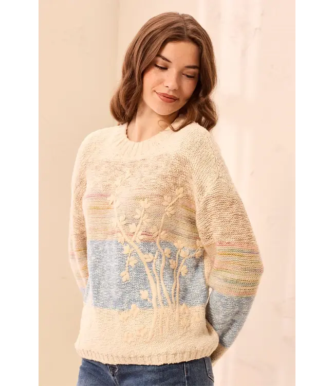 Tribal Novelty Slub Knit Embroidered Long Sleeve Sweater