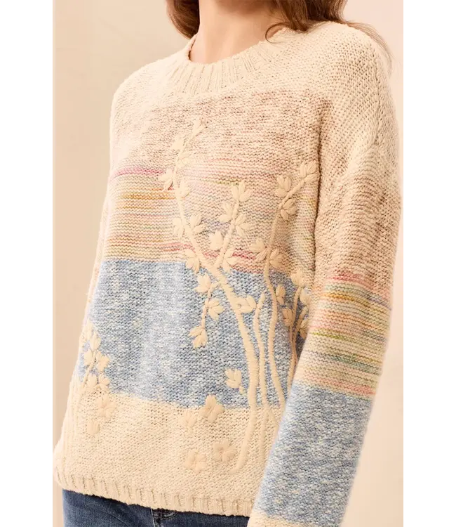 Tribal Novelty Slub Knit Embroidered Long Sleeve Sweater