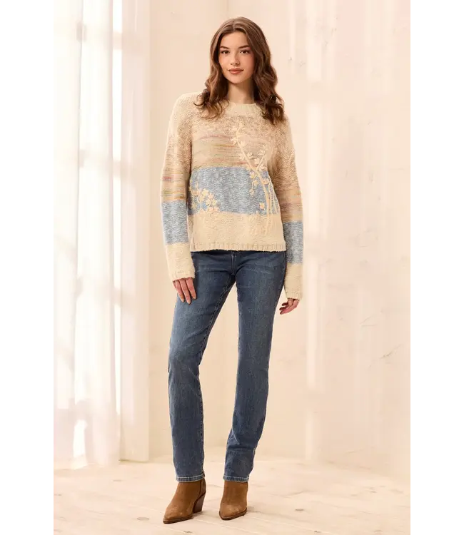 Tribal Novelty Slub Knit Embroidered Long Sleeve Sweater