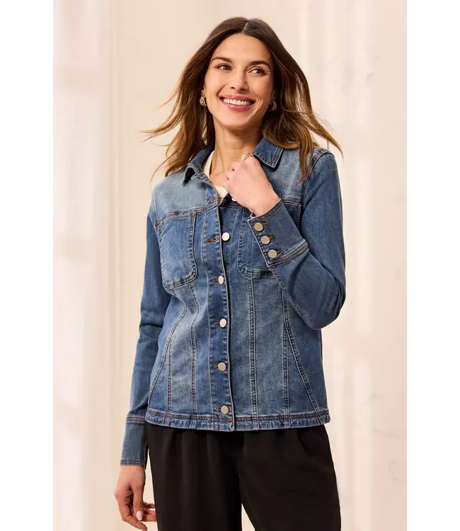 Tribal Embroidered Button Front Fitted Denim Jacket