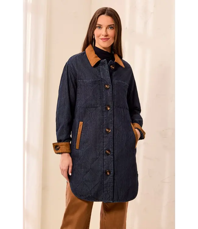 Tribal Quilted Denim Suede Trim Button-Front Jacket