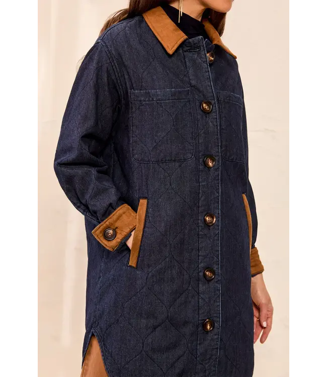 Tribal Quilted Denim Suede Trim Button-Front Jacket