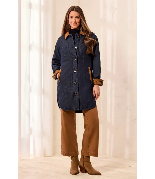 Tribal Quilted Denim Suede Trim Button-Front Jacket
