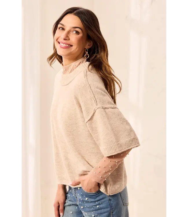 Tribal Drop Shoulder Elbow Sleeve Crew Neck Light Knit Sweater