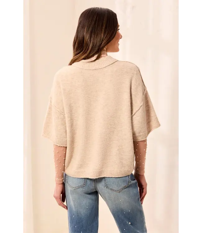 Tribal Drop Shoulder Elbow Sleeve Crew Neck Light Knit Sweater