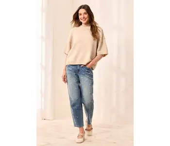 Tribal Drop Shoulder Elbow Sleeve Crew Neck Light Knit Sweater