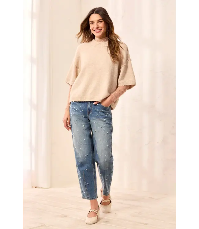 Tribal Drop Shoulder Elbow Sleeve Crew Neck Light Knit Sweater