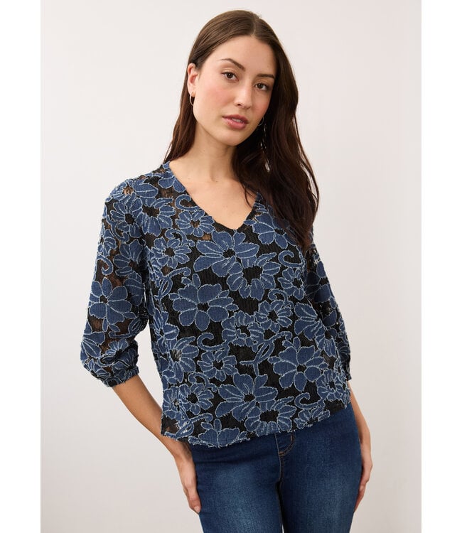 FDJ 3/4 Sleeve Popover Top Denim and Lace