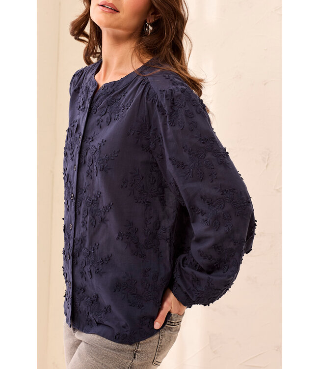 Tribal Canada Long-Sleeve Button Front Blouse with Embroidered Detail