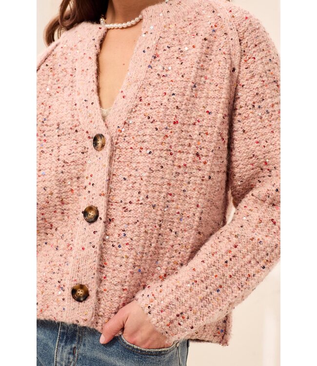 Tribal Canada Sequinned Button Front Notch Neck Sweater Cardigan