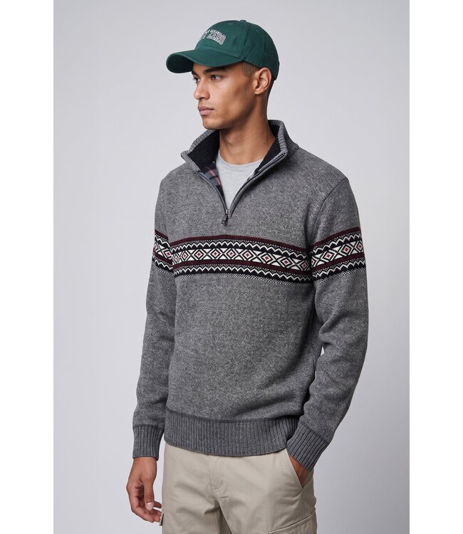 point Zero Bonded chenille mock-zip sweater with jaquard pattern