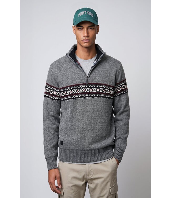 point Zero Bonded chenille mock-zip sweater with jaquard pattern
