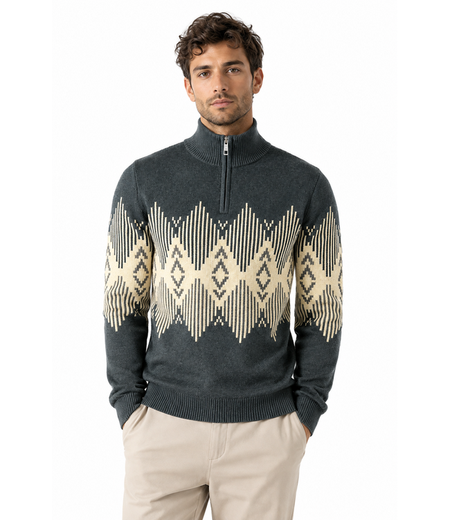 Point Zero Jacquard Knit Mock Zip Collar Sweater