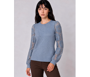 Point Zero Pointelle knit top with lace sleeves