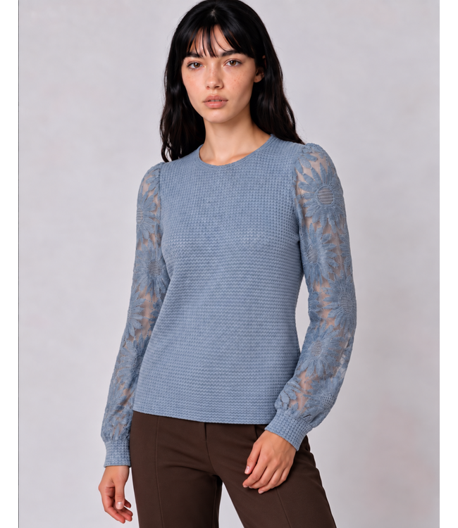 Point Zero Pointelle knit top with lace sleeves