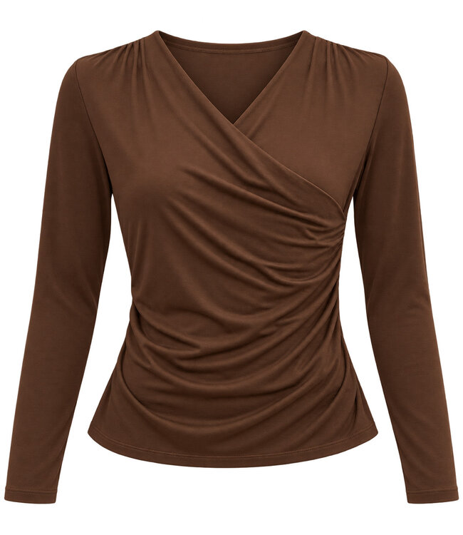 Point Zero Point Zero Women's Asymmetrical Twist Long Sleeve Top with Front Ruching - Chesnut