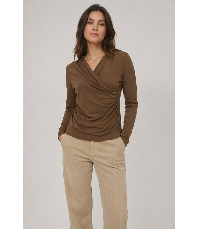 Point Zero Point Zero Women's Asymmetrical Twist Long Sleeve Top with Front Ruching - Chesnut