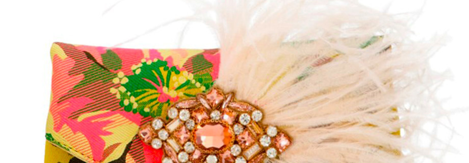 Floral Jacquard Feather & Crystal Clutch