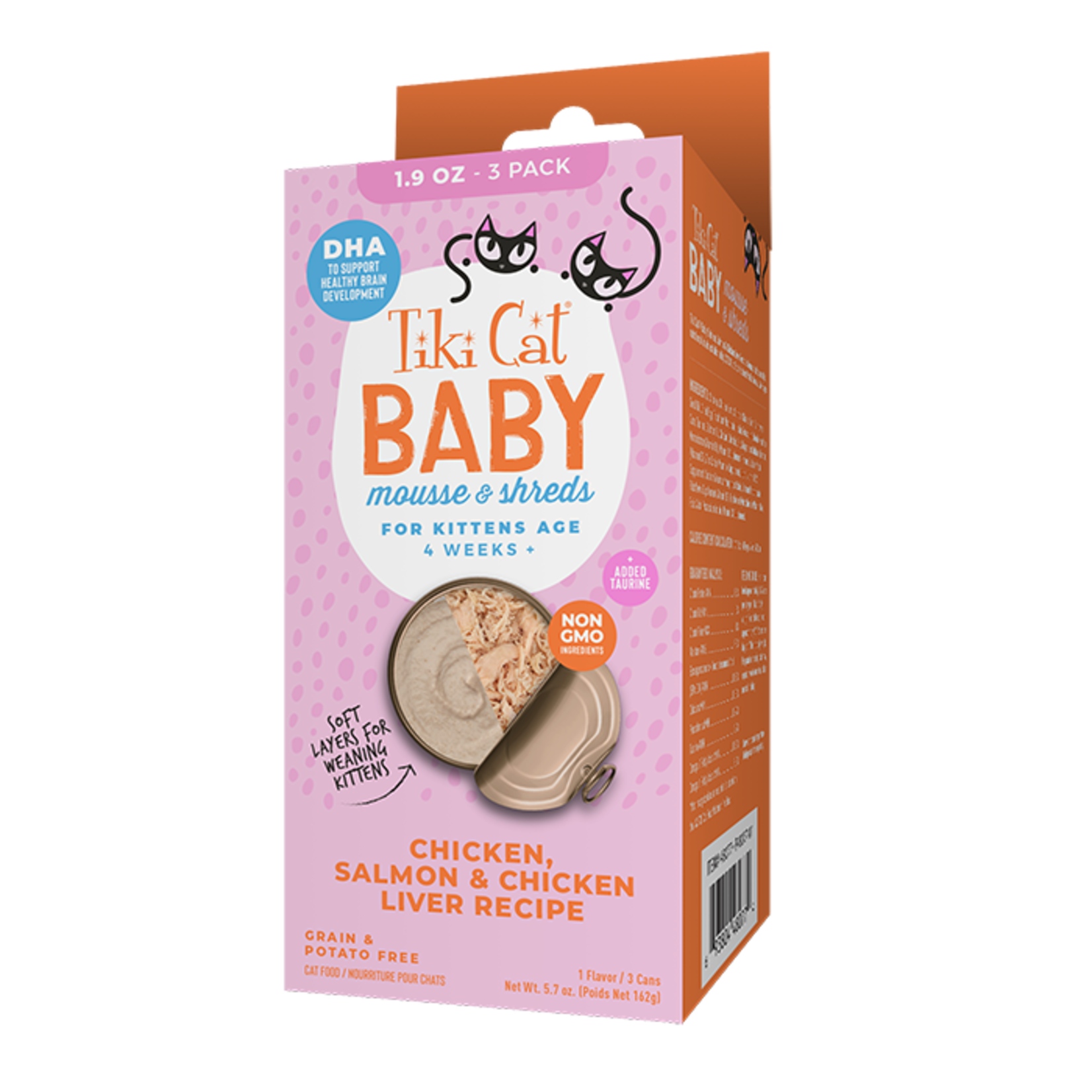 Tiki Pets Tiki Cat Baby Mousse & Shreds for Kittens Salmon & Chicken Liver 3pk 1.9oz Cans