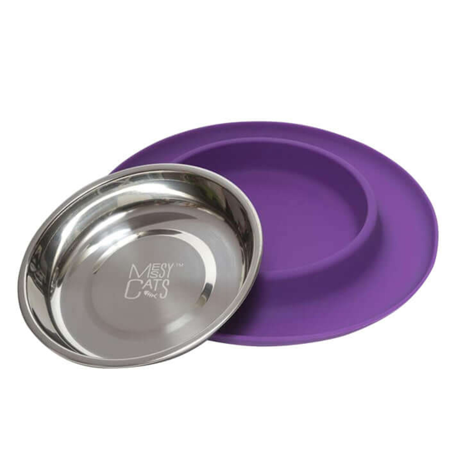 Messy Mutts Messy Cats Silicone Feeder with Stainless Steel Saucer Bowl Purple
