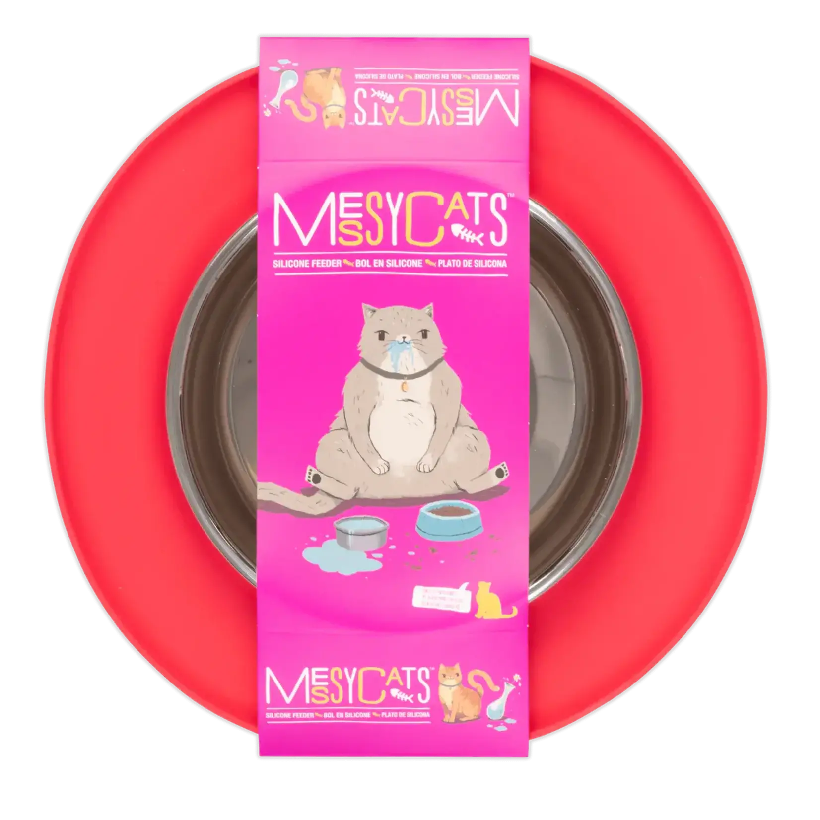 Messy Mutts Messy Cats Silicone Feeder with Stainless Steel Saucer Bowl Red