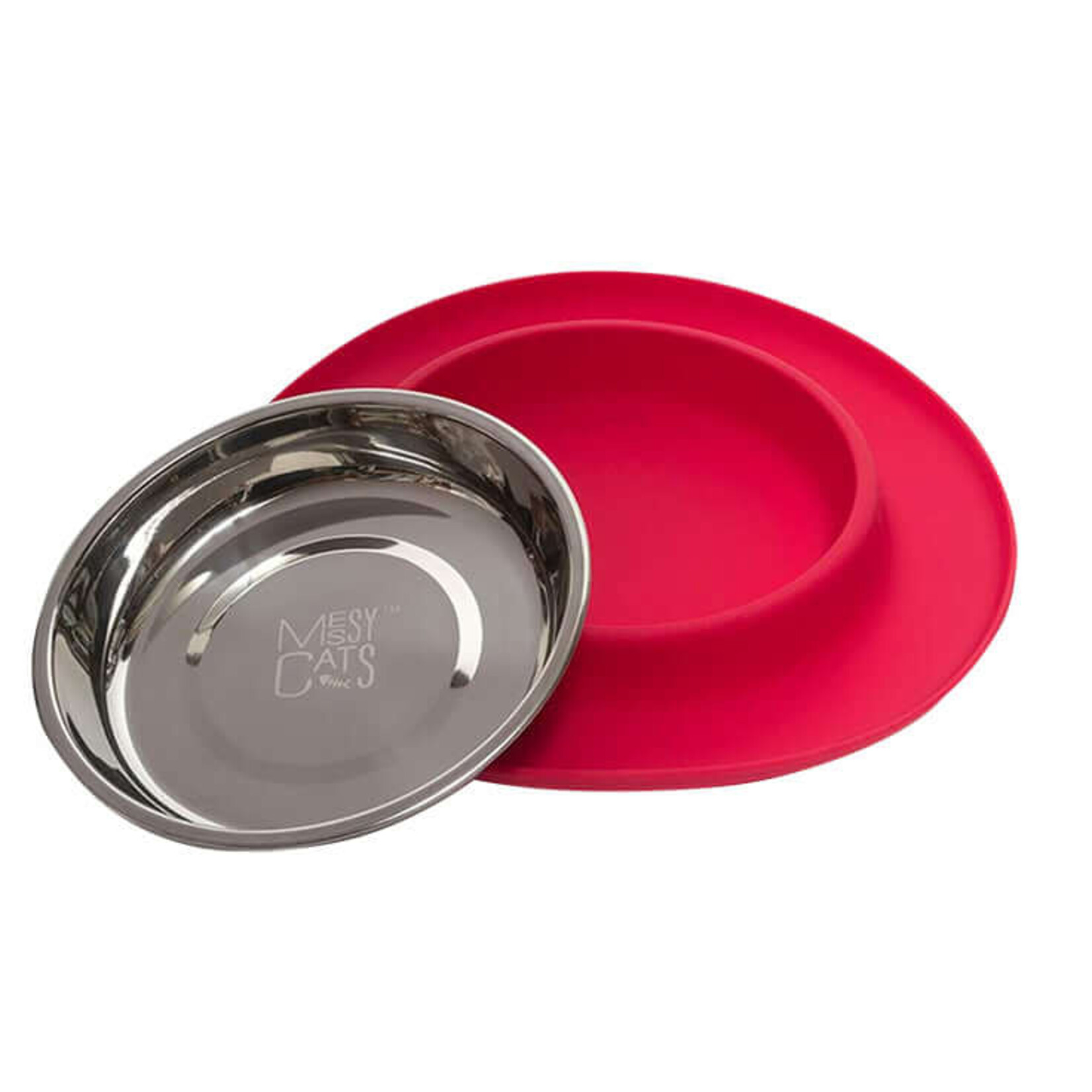 Messy Mutts Messy Cats Silicone Feeder with Stainless Steel Saucer Bowl Red