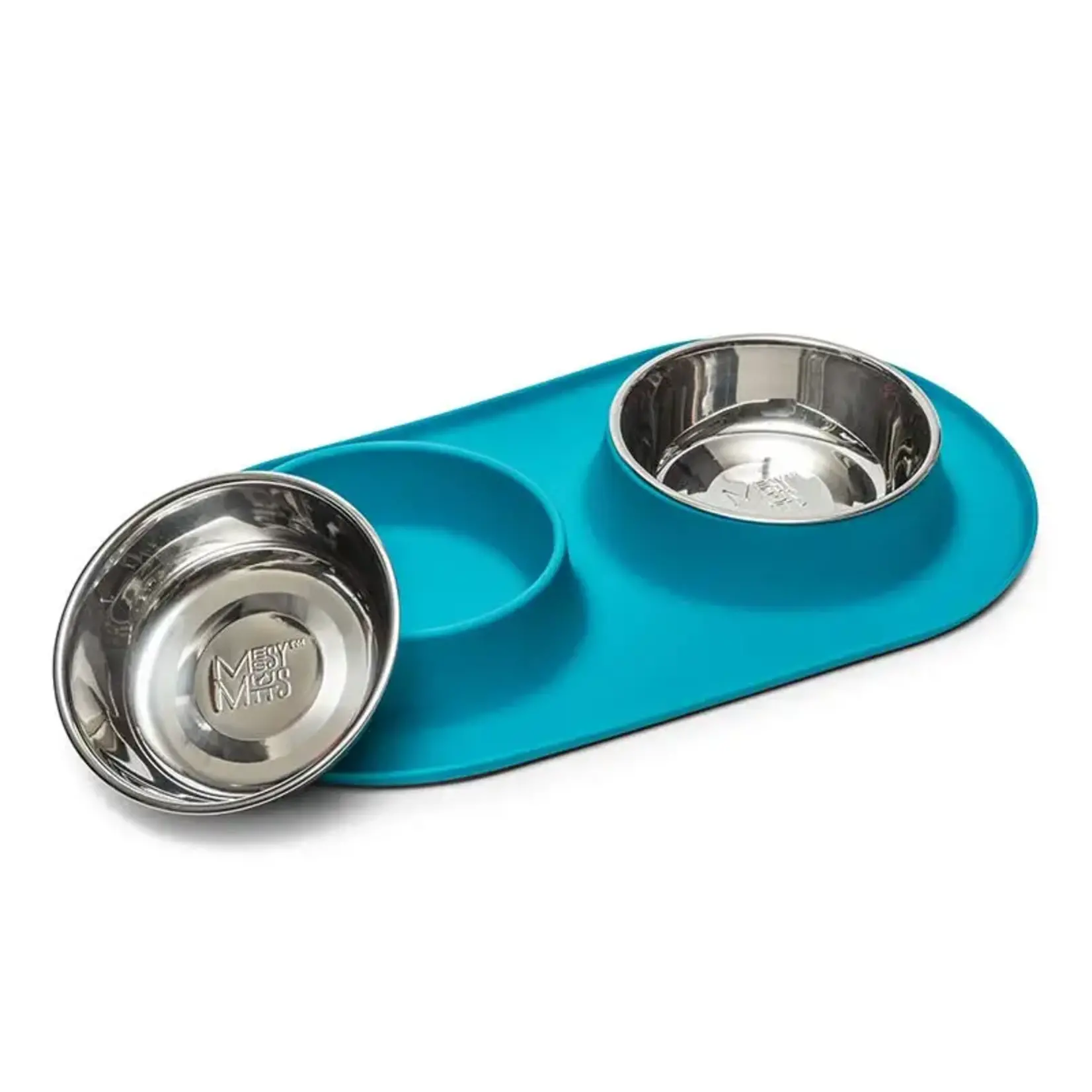 Messy Mutts Messy Mutts Double Silicone Feeder with Stainless Steel Bowls, Medium 1.5 Cups Blue