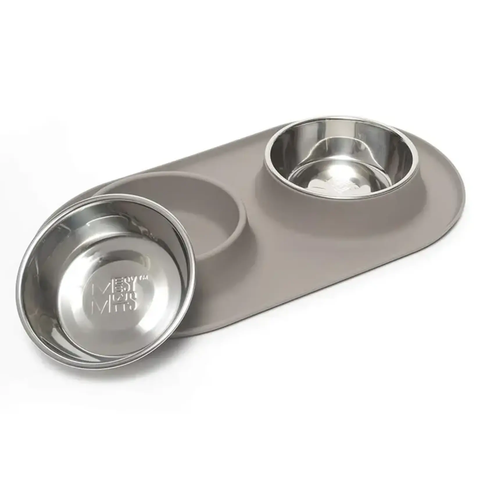 Messy Mutts Messy Mutts Double Silicone Feeder with Stainless Steel Bowls Medium 1.5 cups Grey