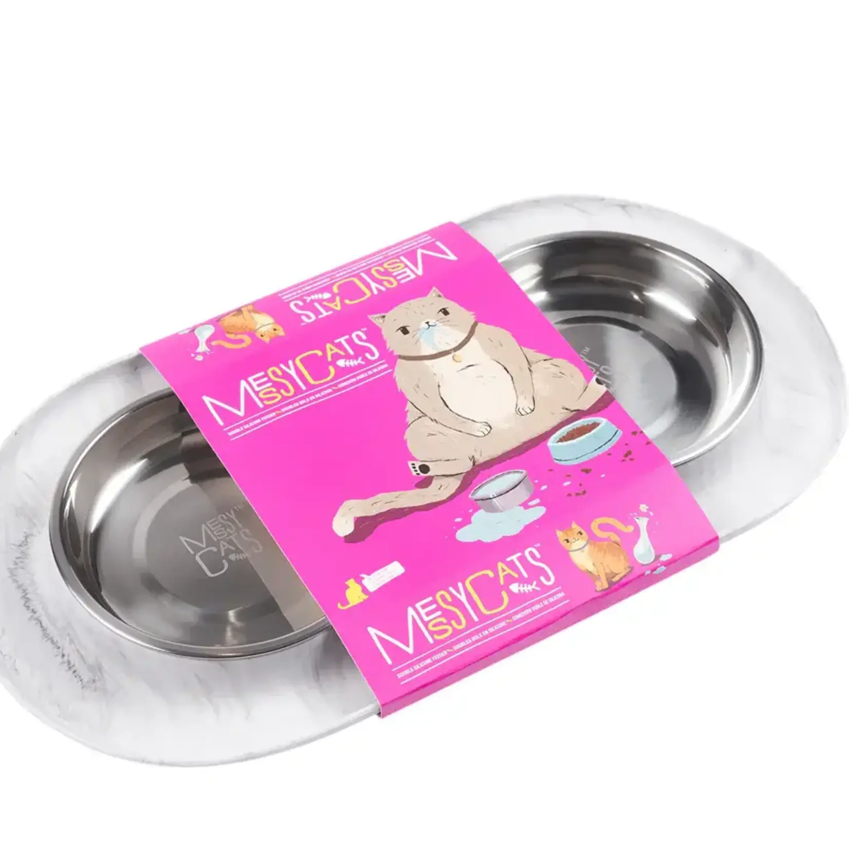 Messy Mutts Messy Cats Double Silicone Feeder with Stainless Steel Bowls Marble