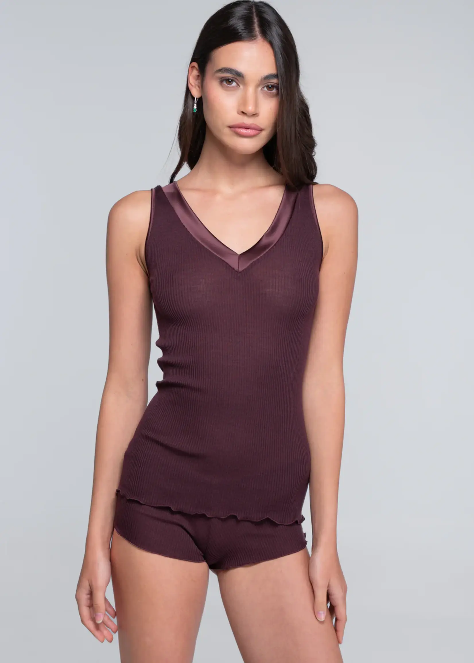 Oscalito Wool & Silk Rib V-Neck Cami with Satin Trim 4247