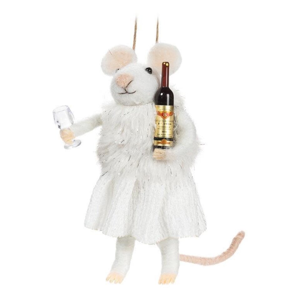 Winter Mouse with Wine & Glass Ornament, 4.5"