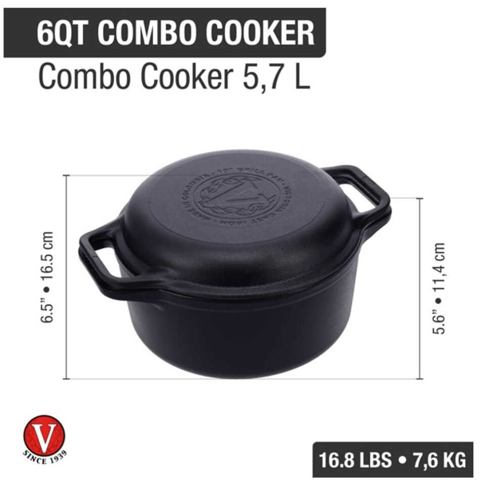 Victoria Cast Iron Dutch Oven Combo Cooker, 5.7L