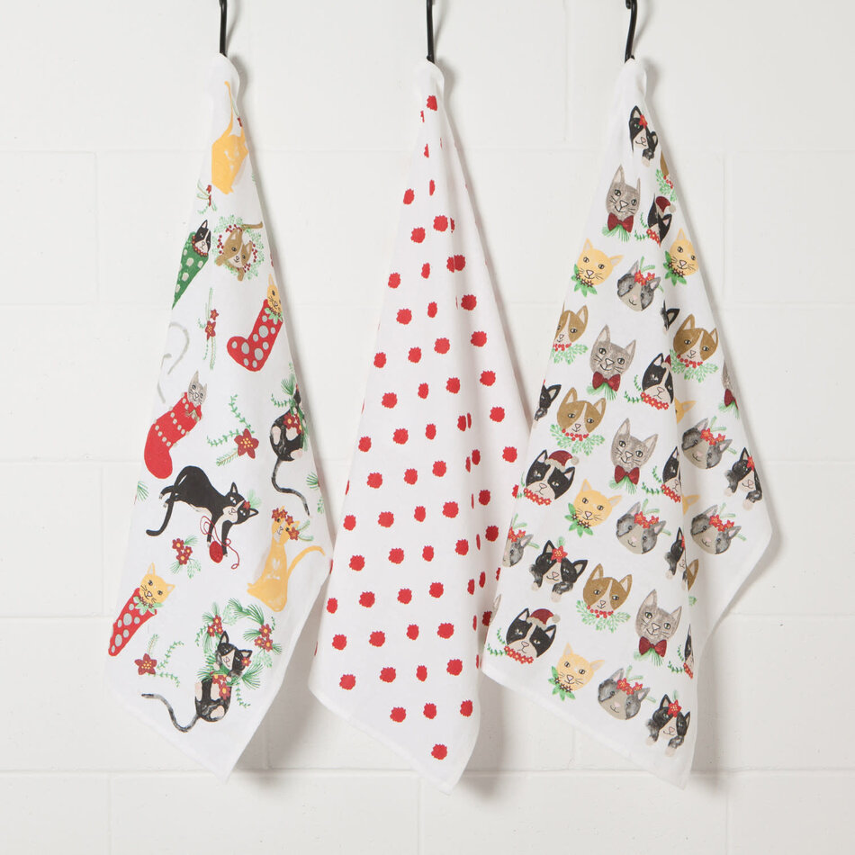 Meowy Christmas Bakers Floursack Dishtowels Set of 3