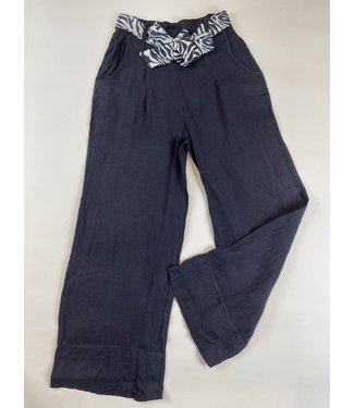 M Made in Italy Linen Pants with Belt - Navy