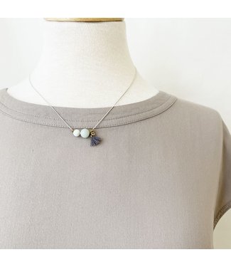 Silver Necklace with  Mini Tassel and Turquois Beads