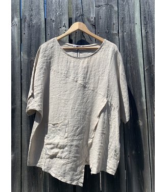 Made in Italy Linen Top with Embroidered Pocket - Beige