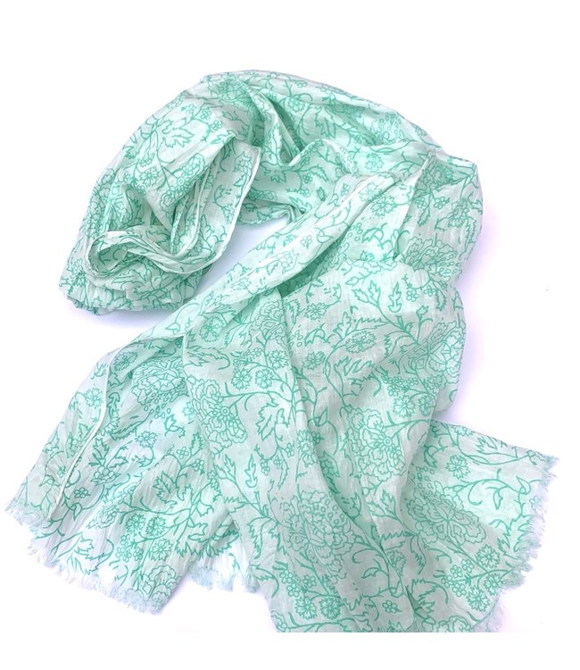 Spring scarf - white with aqua flowers and leaves