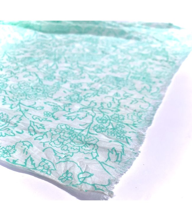 Spring scarf - white with aqua flowers and leaves