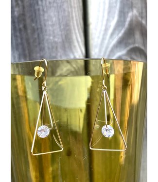 Triangle Geometric Gold Earrings w CZ Drop