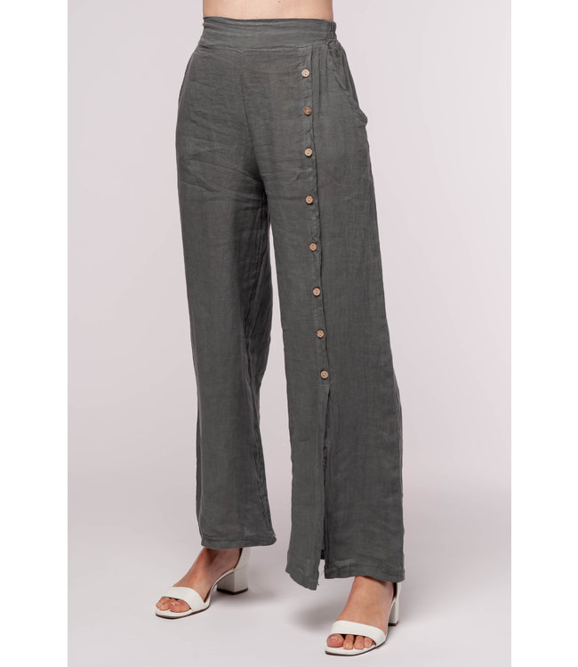 Elastic Waist Pants Women Linen Wide One Leg Split Buttons Decor