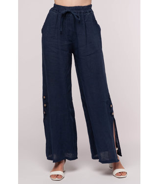Linen Luv Ankle Length Linen Pants with Buttons - Blu