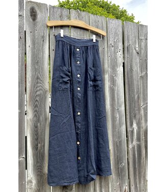 Me & Gee Linen Midi Skirt w/ Buttons - Navy