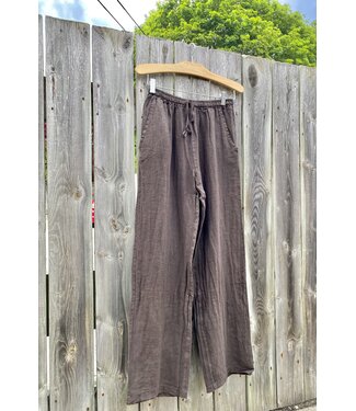 M Made in Italy Linen Pants with Waist Drawstring - Choco