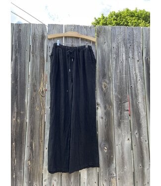 Linen Full Length Straight Leg Pants  - Black