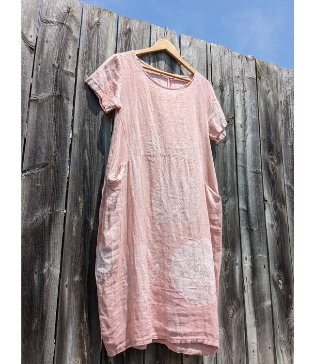 Me & Gee Relaxed Linen Dress w/ Pockets & Circle Design - Rose