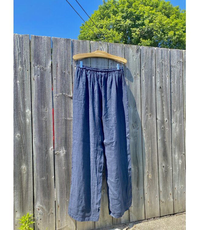 Linen Pants with Waist Drawstring - Navy