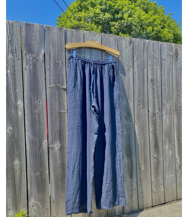 Linen Pants with Waist Drawstring - Navy