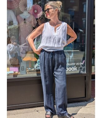 Linen Pants with Waist Drawstring - Navy