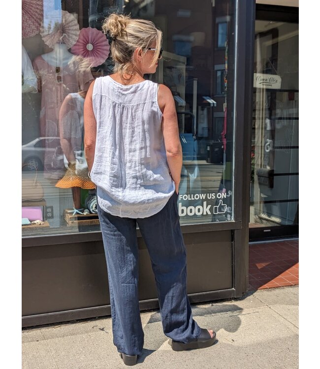 Linen Pants with Waist Drawstring - Navy